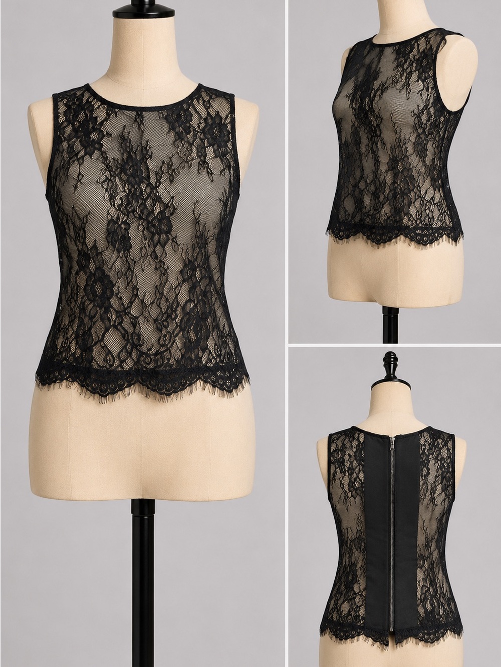 Alice + Olivia Black Lace Sleeveless Top Sheer Eyelash Lace Size 8